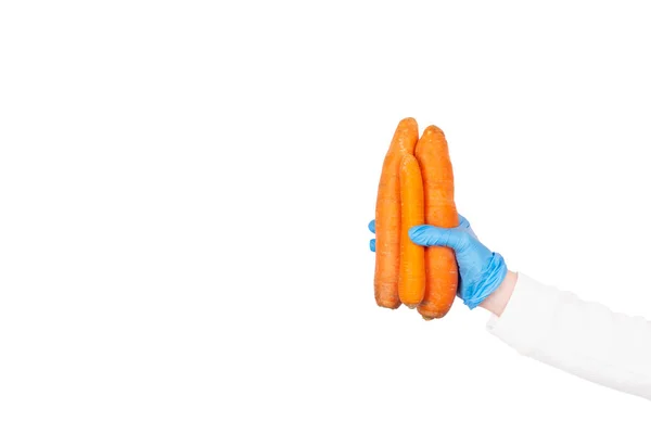 Female Hand Disposable Glove Holds Carrot Hygiene Kitchen Concept Copy — Stock Photo, Image