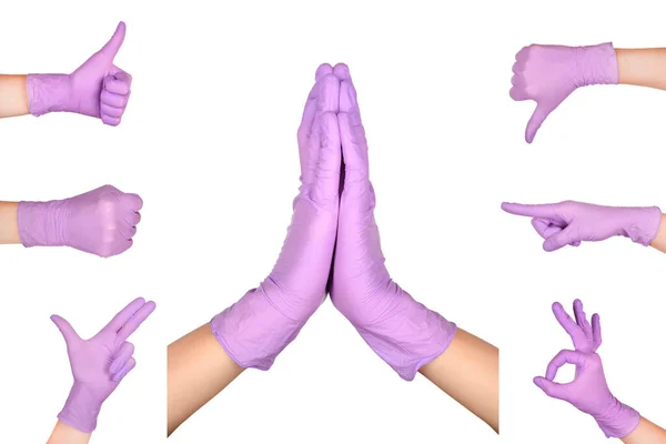 Σύνολο Χειρονομίες Χέρι Lilac Αναλώσιμη Λατέξ Χειρουργικά Γάντια Που Απομονώνονται — Φωτογραφία Αρχείου