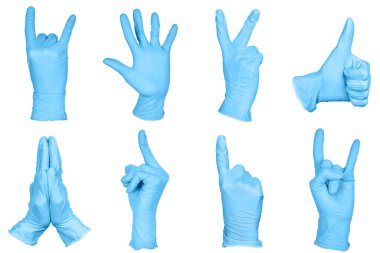 Beyaz arka planda izole edilmiş mavi, tek kullanımlık plastik cerrahi eldivenlerdeki el işaretleri ya da işaretler. El işareti ayarlandı.
