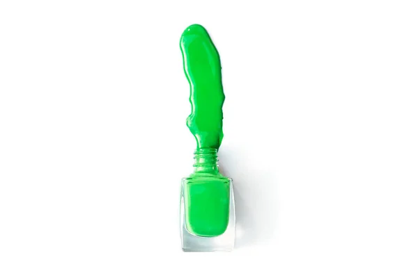 Λαμπερό Πράσινο Βερνίκι Νυχιών Ένα Μπουκάλι Που Απομονώνεται Λευκό Πράσινο — Φωτογραφία Αρχείου