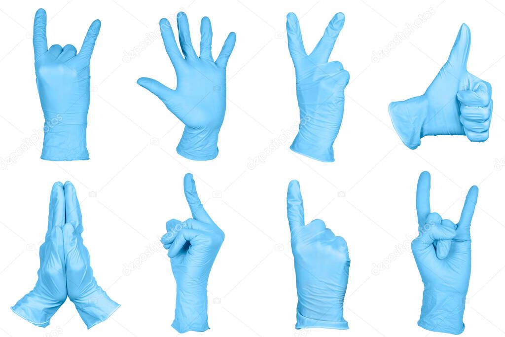 Set of hand or signs gestures in blue disposable latex surgical gloves isolated on white background. Hand sign set.