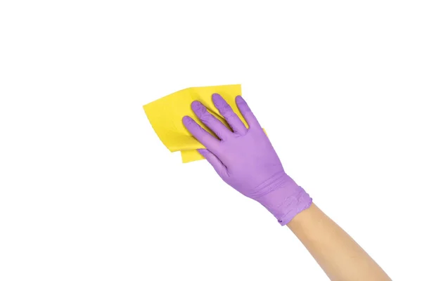 Yellow Microfiber Cloth Washing Dishes Female Hand Hand Latex Disposable — Stock Photo, Image