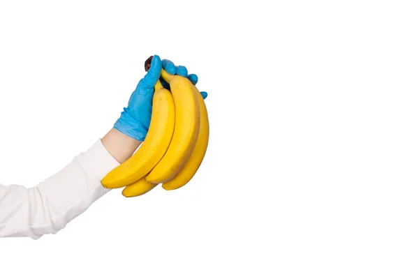 Женская Рука Голубой Одноразовой Перчатке Держит Кучу Бананов Изолированных Белом — стоковое фото