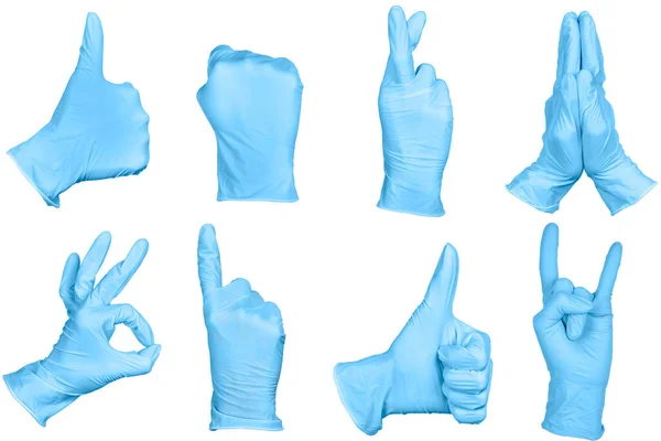 Σύνολο Του Χεριού Σημάδια Χειρονομίες Μπλε Χειρουργικά Γάντια Μιας Χρήσης — Φωτογραφία Αρχείου