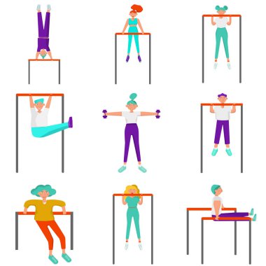 Modern kıyafetli gençlerin ikonu açık havada spor yapıyor. Parkta fiziksel aktivite yapan insanlar barfiks çeker, çömelir ve baskı yaparlar. Sağlıklı yaşam tarzı ve uygunluk kavramı