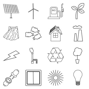 Beyaz arkaplanda izole edilmiş basit ekolojik taslak simgelerinin vektör kümesi. Elektrik üretimi, rüzgar jeneratörleri, güneş panelleri, biyoyakıtlar, hidroelektrik ve termal enerji ikonları içerir.