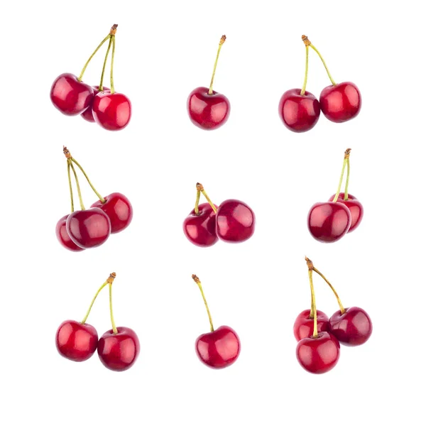 Conjunto Cerezas Dulces Rojas Maduras Aisladas Blanco Composición Cuadrada Banner — Foto de Stock