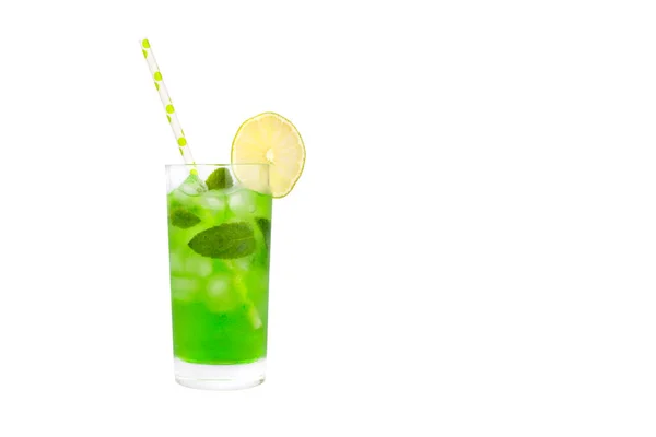 Lemonade Cocktail Drink Coctail Glass Straw Ice Mint Leaves Lemon — Stock Photo, Image