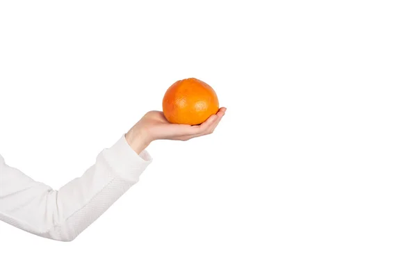 Female Hand Hold Orange Fruit Isolated White Banner Copy Space — Stock Photo, Image