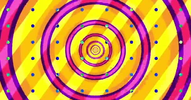 Flying Optical Illusion Circles Creating Abstract Tunnel Yellow Pink Purple — Stock Video