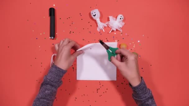 Krok Koncepcja Halloween Diy Zrób Słodkiego Ducha Słodyczy Patyku Kurs — Wideo stockowe