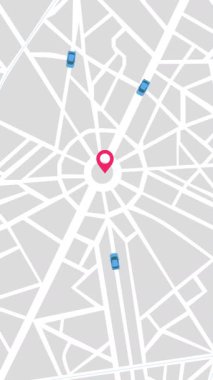 Merkezde kırmızı noktalı titreşimli kırmızı noktalı dikey animasyon şehir haritası, küçük mavi arabalar ise dinamik bir şekilde beyaz caddelerde hareket ederken, navigasyon, gezinti paylaşımı ve kentsel hareketliliği simgeliyor.