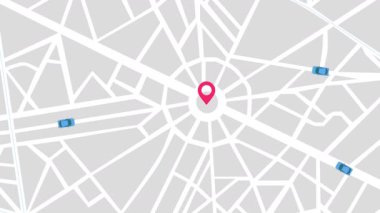 Animated city map with pulsing red pinpoint in the center roundabout, while small blue cars move dynamically along white streets, symbolizing navigation, ridesharing, and urban mobility