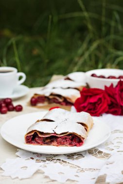 Bir kiraz ile meyveli turta. Kirazlı turta. Gıda niteliğine. Yaz pastası. Pasta, meyveli turta çilek ile.