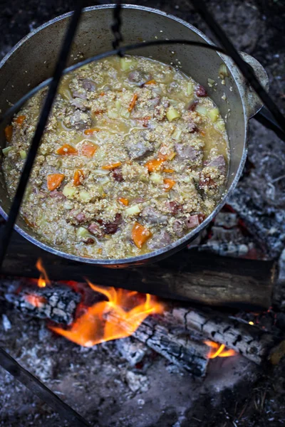 Bir tencereye bir ateşte etin. Zam, yaz tatili, açık rekreasyon, Açık food. Bir kamp ateşi üzerinde yemek. kamp ateşi üzerinde turist su ısıtıcısı.