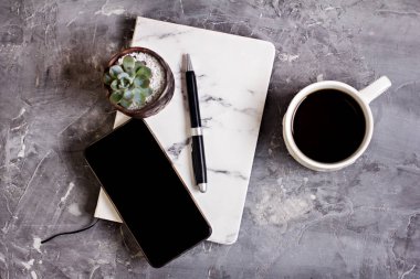Not defteri, cep telefonu, kalem, etli, Gözlük, gri çimento arka plan üzerinde kahve. İş kavramı.