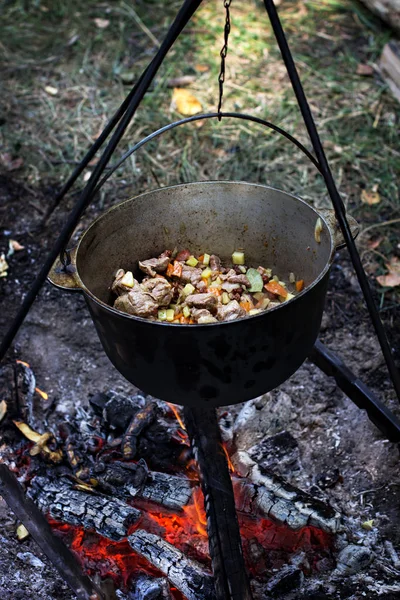 Pot Meat Fire Hike Summer Vacation Outdoor Recreation Outdoor Food — Stock Photo, Image