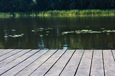 İskele, nehir ve orman. Güzel yaz yeşil görünümü. Yaz arka plan. Orman göl üzerinde bekletin. Balıkçılık Gölü kıyısında sabahın erken saatlerinde görüntüleyin. Metin için yer.