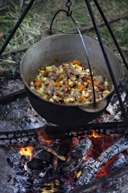 Bir tencereye bir ateşte etin. Zam, yaz tatili, açık rekreasyon, Açık food. Bir kamp ateşi üzerinde yemek. kamp ateşi üzerinde turist su ısıtıcısı.