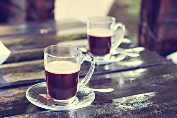 Dos Tazas Café Expreso Sobre Una Mesa Madera Oscura Café — Foto de Stock