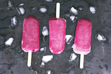 Berry dondurma. Siyah frenk üzümü, böğürtlen, ahududu dondurma. Ahududu ve özel formlarla pişmiş kuş üzümü, ev yapımı. 