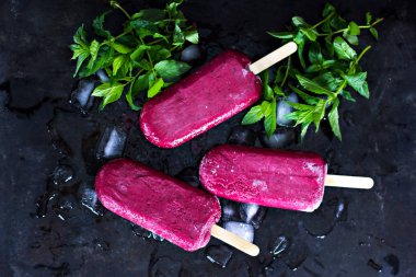 Berry dondurma. Siyah frenk üzümü, böğürtlen, ahududu dondurma. Ahududu ve özel formlarla pişmiş kuş üzümü, ev yapımı. 