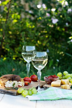 Beyaz şarap ve hafif atıştırmalıklar, üzümler, şarap, peynir, turta. Doğada romantik yaz yemeği. Piknik.