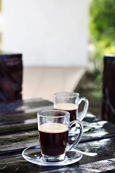 Dos Tazas Café Expreso Sobre Una Mesa Madera Oscura Café — Foto de Stock