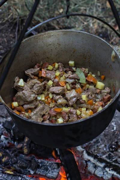 Bir tencereye bir ateşte etin. Zam, yaz tatili, açık rekreasyon, Açık food. Bir kamp ateşi üzerinde yemek. kamp ateşi üzerinde turist su ısıtıcısı.