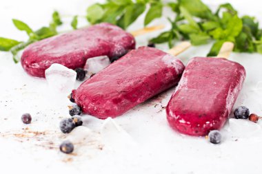 Berry dondurma bir çocuğun el için. Siyah frenk üzümü, böğürtlen, ahududu dondurma. Ahududu ve özel formlarla pişmiş kuş üzümü, ev yapımı. 