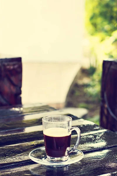 Espressotasse Auf Einem Dunklen Holztisch Kaffee Morgen — Stockfoto