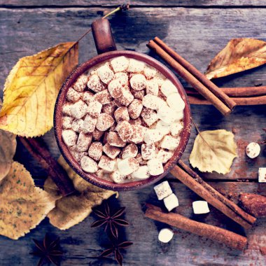 Sıcak kakao marshmallows eski ahşap kurullarında baharatlar ile birlikte. Kahve, kakao, tarçın, fındık, yıldız anason, rahat bluzunu