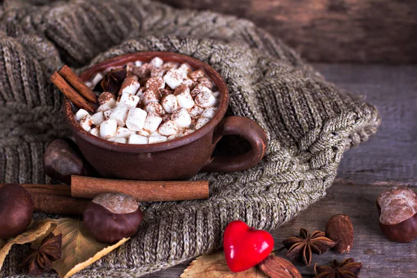 Hot Cocoa Marshmallows Spices Old Wooden Boards Coffee Cocoa Cinnamon — Stock Photo, Image