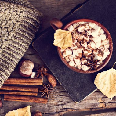 Sıcak kakao marshmallows eski ahşap kurullarında baharatlar ile birlikte. Kahve, kakao, tarçın, fındık, yıldız anason, rahat bluzunu