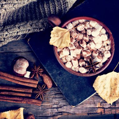 Sıcak kakao marshmallows eski ahşap kurullarında baharatlar ile birlikte. Kahve, kakao, tarçın, fındık, yıldız anason, rahat bluzunu