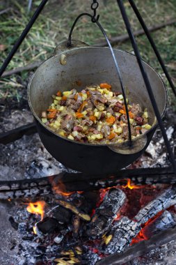 Bir tencereye bir ateşte etin. Zam, yaz tatili, açık rekreasyon, Açık food. Bir kamp ateşi üzerinde yemek. kamp ateşi üzerinde turist su ısıtıcısı.