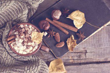 Sıcak kakao marshmallows eski ahşap kurullarında baharatlar ile birlikte. Kahve, kakao, tarçın, fındık, yıldız anason, rahat bluzunu