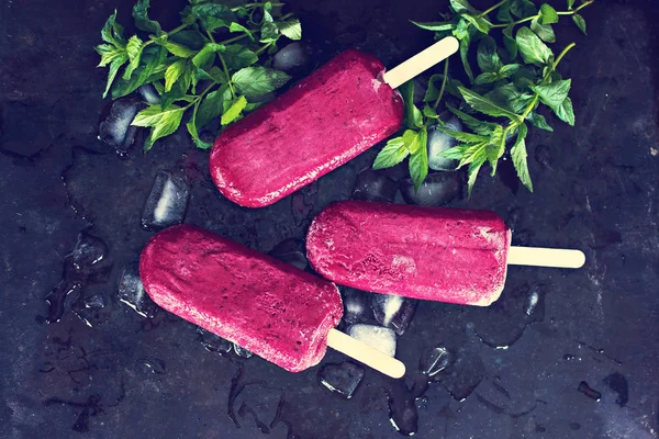 Berry dondurma. Siyah frenk üzümü, böğürtlen, ahududu dondurma. Ahududu ve özel formlarla pişmiş kuş üzümü, ev yapımı. 