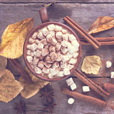 Sıcak kakao marshmallows eski ahşap kurullarında baharatlar ile birlikte. Kahve, kakao, tarçın, fındık, yıldız anason, rahat bluzunu