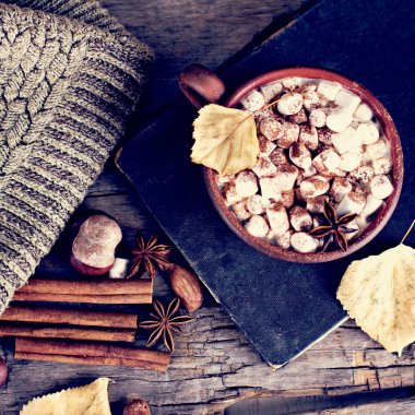 Sıcak kakao marshmallows eski ahşap kurullarında baharatlar ile birlikte. Kahve, kakao, tarçın, fındık, yıldız anason, rahat bluzunu