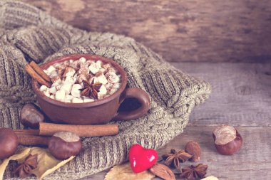 Sıcak kakao marshmallows eski ahşap kurullarında baharatlar ile birlikte. Kahve, kakao, tarçın, fındık, yıldız anason, rahat bluzunu