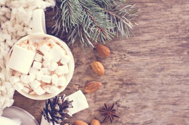 hediye, köknar dalı, fındık, koniler, kakao, kahve, sıcak örme battaniye. Kış, yeni yıl, yılbaşı natürmort