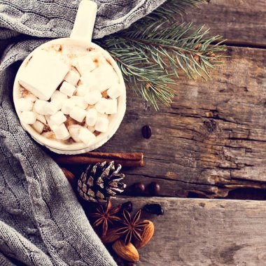 hediye, köknar dalı, fındık, koniler, kakao, kahve, sıcak örme battaniye. Kış, yeni yıl, yılbaşı natürmort