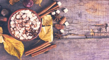 Sıcak kakao marshmallows eski ahşap kurullarında baharatlar ile birlikte. Kahve, kakao, tarçın, fındık, yıldız anason, rahat bluzunu