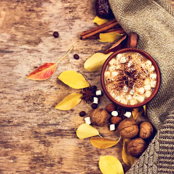 Cacau Quente Com Marshmallows Com Especiarias Nas Velhas Tábuas Madeira — Fotografia de Stock