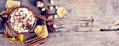 Sıcak kakao marshmallows eski ahşap kurullarında baharatlar ile birlikte. Kahve, kakao, tarçın, fındık, yıldız anason, rahat bluzunu