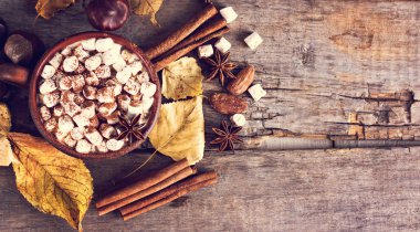 Sıcak kakao marshmallows eski ahşap kurullarında baharatlar ile birlikte. Kahve, kakao, tarçın, fındık, yıldız anason, rahat bluzunu