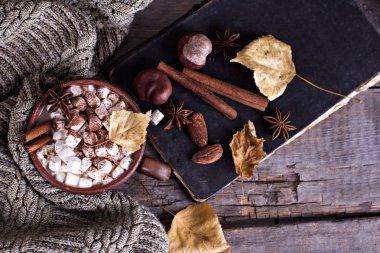 Sıcak kakao marshmallows eski ahşap kurullarında baharatlar ile birlikte. Kahve, kakao, tarçın, fındık, yıldız anason, rahat bluzunu