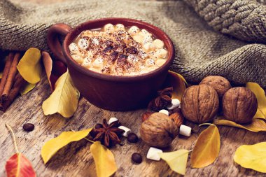 Sıcak kakao marshmallows eski ahşap kurullarında baharatlar ile birlikte. Kahve, kakao, tarçın, fındık, Yıldız anason, rahat kazak.