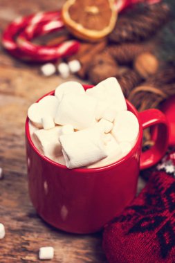 hediye, köknar dalı, fındık, koniler, kakao, kahve, sıcak örme battaniye. Kış, yeni yıl, yılbaşı natürmort.